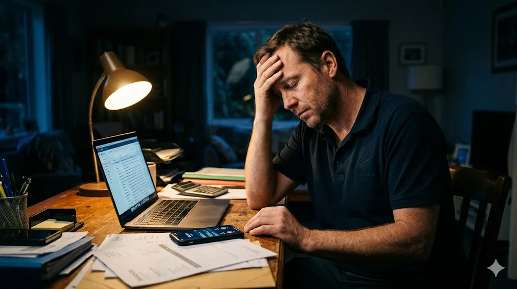 A business owner working late at night, overwhelmed by admin and missed calls