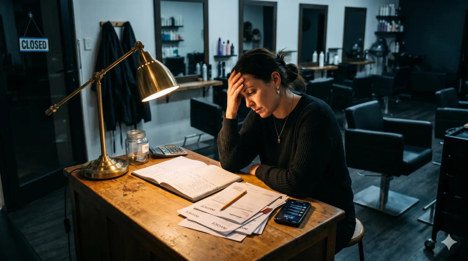A salon owner after hours, overwhelmed by bookings and unpaid invoices