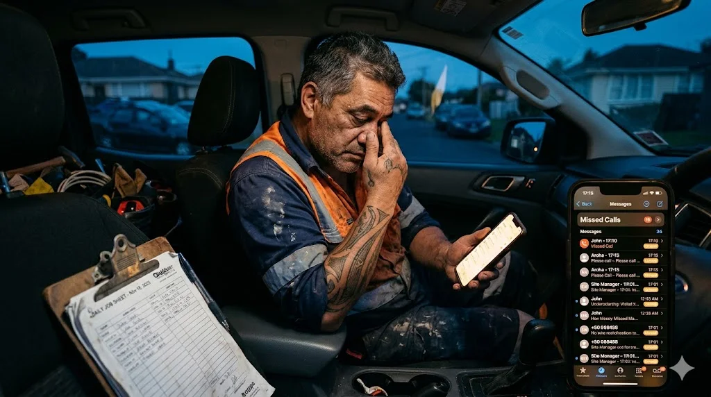 A tradesperson in the ute with a phone full of missed calls