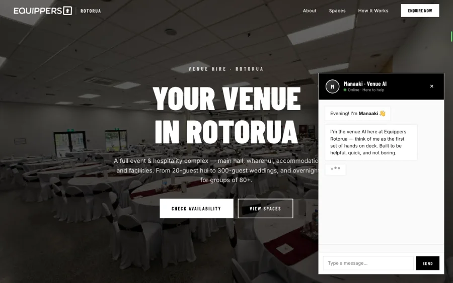 Equippers Rotorua venue-hire site with AI host