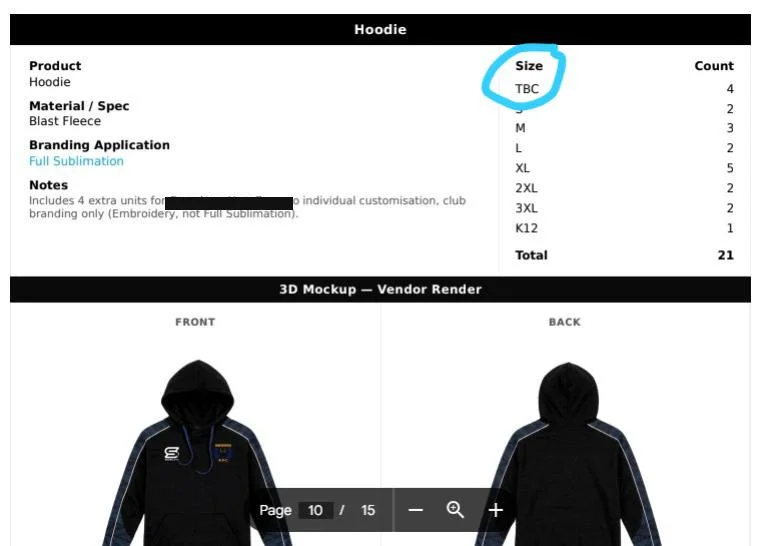 Sideline purchase order & spec sheet with size breakdown and 3D vendor render