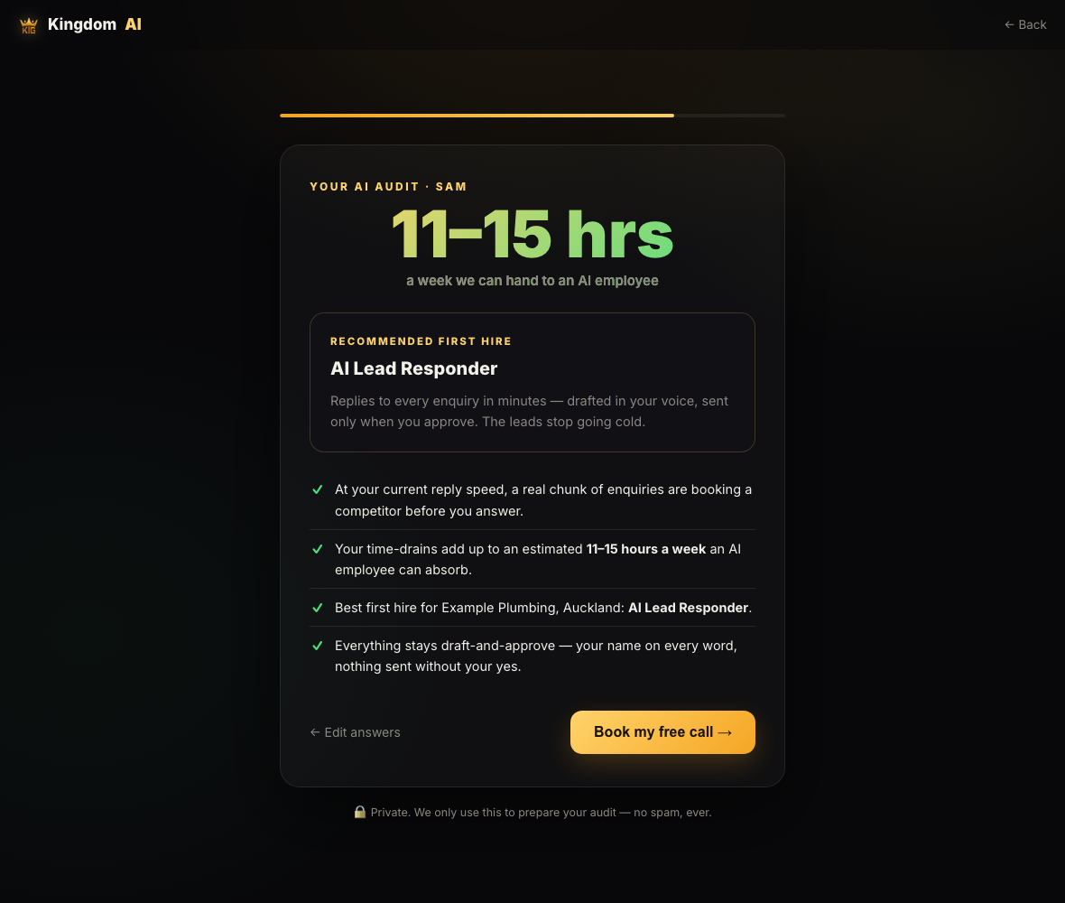 The Kingdom AI audit employee — live result screen